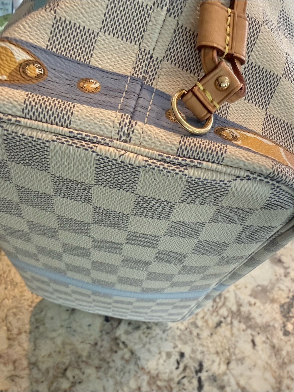Louis Vuitton Cream Damier Tote with Pink & Light Blue Accents - Picture 6 of 9